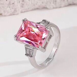 Pink Cubic Zirconia Emerald Cut Silver Ring